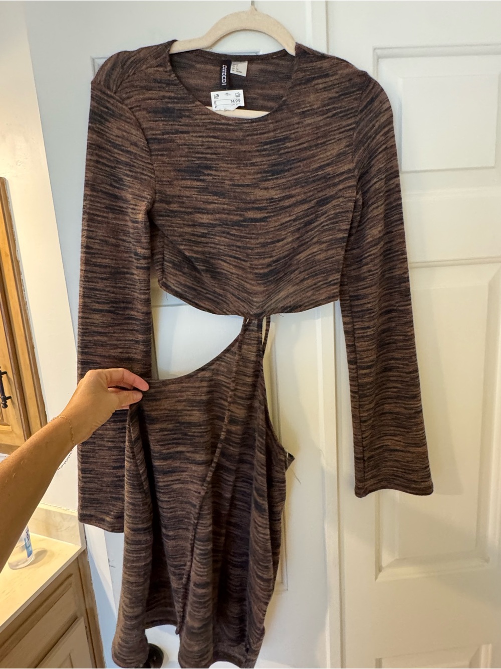 H&M Brown Heather Long-Sleeve Cutout Knit Dress